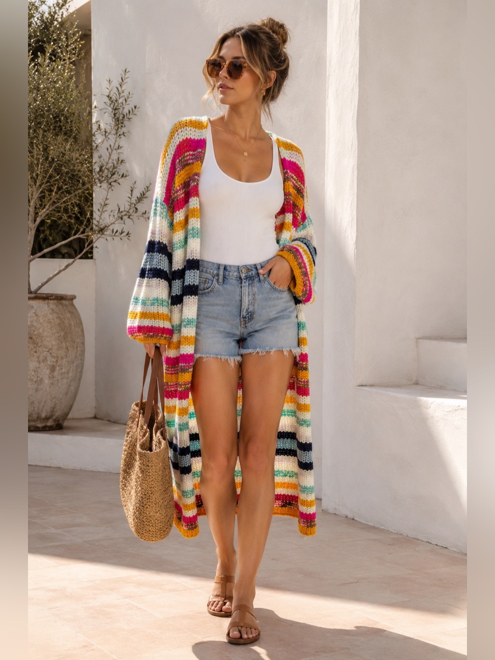 NWT Anthropology Rainbow Stripe Knit Long Cardigan oversized Multicolor One Size